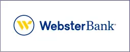 A blue and white logo for webster bank.